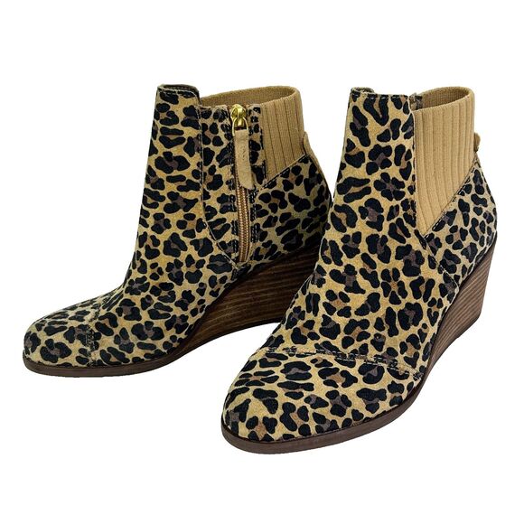 NWT Toms Sadie Suede Wedge Heel Ankle Booties Leopard Print Boots Brown 5.5 NEW - Picture 2 of 11